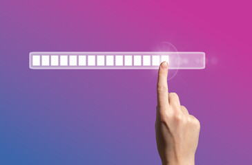 Loading bar progress. Female hand touching digital screen, symbol of AI innovation, download process