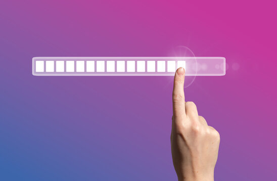Loading bar progress. Female hand touching digital screen, symbol of AI innovation, download process
