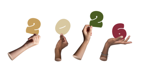 Multicultural hands raise painted 2026 digits for Happy New Year celebration, isolated on white