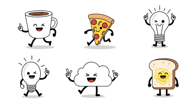 Playful Cartoon Food and Objects with Kawaii Faces Engaging in Fun Actions Characters