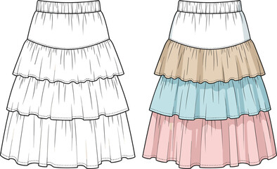Tiered skirt fashion sketch, ruffle hem design, front and back view, casual feminine style, technical illustration, elastic waistband, color-block layers, garment template