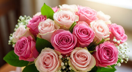 Naklejka premium Intimate Close-up of a Beautiful Pink Rose Bouquet, Symbolizing Love, Friendship, and Nature's Grace.