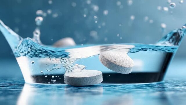 White soluble aspirin tablets falling into a glass of water, creating a dynamic splash and dissolving with effervescent bubbles on a blue background, representing headache and pain relief