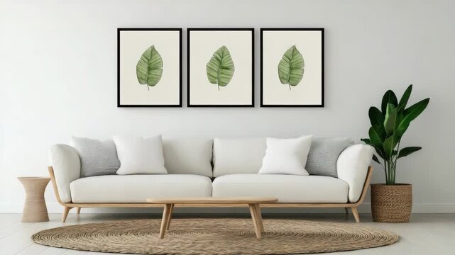 Minimal living room with white sofa, botanical art and leaf print white cushion wooden coffee table