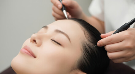 Fototapeta premium Serene Woman Enjoys Professional Japanese Head Spa Scalp Treatment for Hair and Scalp Health