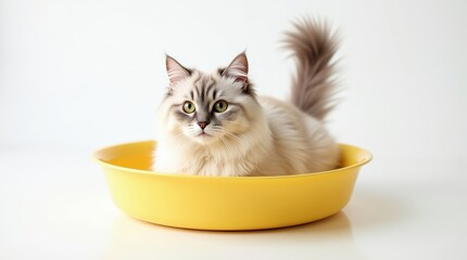 Fluffy cat, tail sticking up, sits in yellow cat tray filled with white cat litter on white background