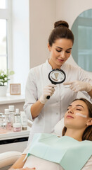 Cosmetologist Using a Magnifying Lamp for Detailed Skin Examination at a Modern Beauty Spa