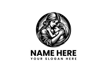 Stylized illustration of a mother tenderly embracing her child, set within a celestial circle, representing the deep maternal bond, nurturing love, and family devotion