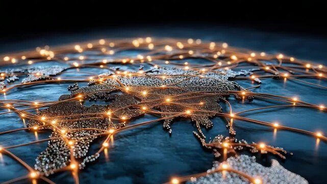 Global network map glowing connection points illuminated data lines across world map showing global