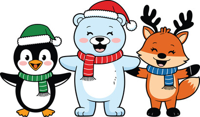 A festive trio of cartoon animals celebrating Christmas: a penguin with a green scarf, a polar bear wearing a red scarf and Santa hat, and a fox with reindeer antlers and a blue scarf. 