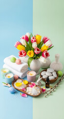Harmonious Spa Setting Bright Tulips, Calming Wellness Products, and Festive Easter Decor