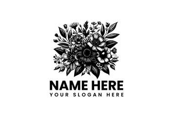 Elegant black and white floral bouquet logo template in a vintage hand-drawn style. Square botanical arrangement with various flowers for branding