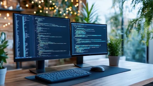 Dual monitor coding workspace with code editor keyboard mouse plants warm lights creating focused