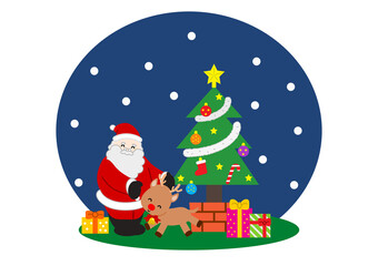 クリスマスツリーの前のサンタとトナカイ