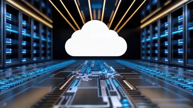 Cloud storage icon over server room pathway glowing with blue circuitry and warm lights