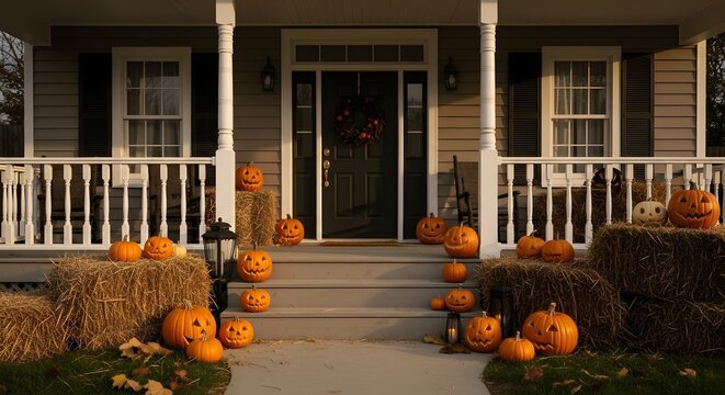 Celebrate autumn with festive pumpkins adorning a charming porch, creating a warm and inviting Halloween atmosphere perfect for holiday promotions