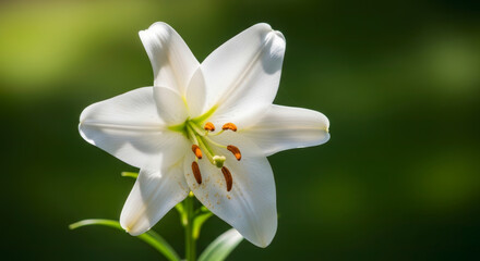 Fototapeta premium Stunning White Lily Blossom Close-up in Vibrant Green Nature, Beautiful Botanical Wallpaper