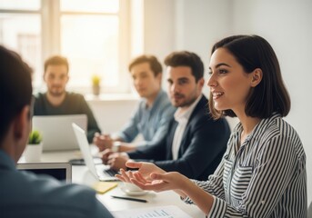 A diverse group of business professionals in a meeting, discussing ideas collaborating in a modern office setting