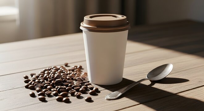 Coffee cup on table with beans morning beverage concept for break or take away
