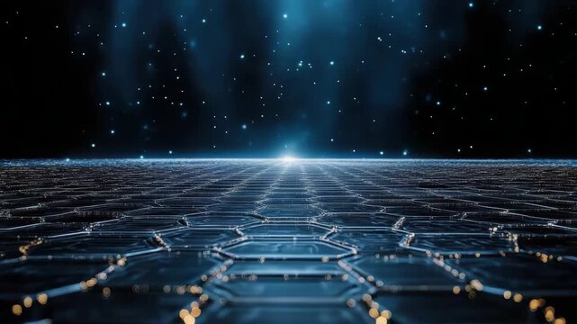 Futuristic hexagon al grid glowing blue with distant starfield digital horizon and cool starry