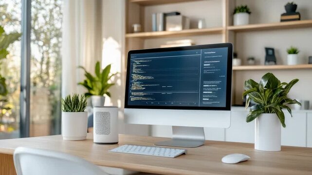 Modern desktop desk with computer monitor showing code, keyboard, mouse and potted plants creating