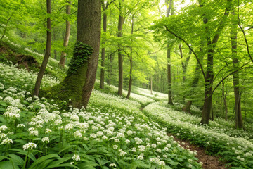 Lush green foliage with blooming white flowers