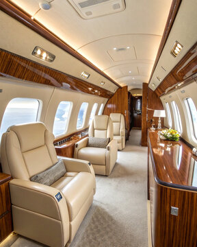 Luxury private jet cabin with leather seats