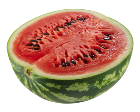 Half of a fresh, juicy watermelon with black seeds isolated on transparent background