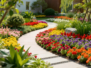 Obraz premium A 3D render of a beautiful contemporary garden featuring square stepping stones on lush green lawn, bordered by vibrant flowering beds and clean white walls. 