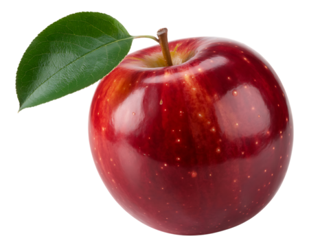 A shiny red apple with a green leaf isolated on transparent background