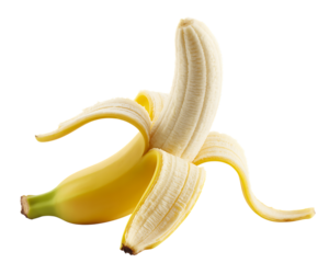 A peeled ripe yellow banana isolated on transparent background