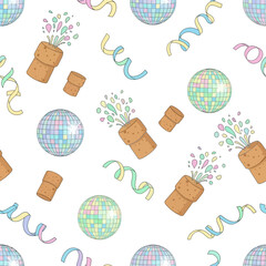 Seamless pattern of popping champagne corks, colorful confetti, and sparkling disco balls on a white background, celebrating festive occasions