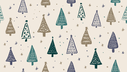 Christmas white tree pattern, hand drawn illustration on white	
