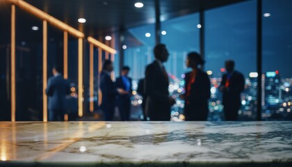 Polished marble countertop with blurred business professionals networking in a modern high-rise office at night