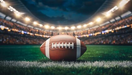 American football resting on a vibrant green field under stadium lights with cheering fans