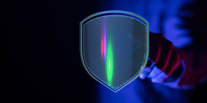 Abstract image of a shield representing security protection over data in the digital world. Shows data safety, cybersecurity and digi - Powered by Adobe