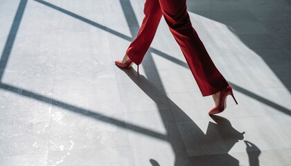 Stylish woman in red pants and high heels stepping on a sunlit floor with shadows.