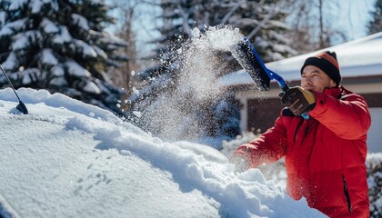 Man clearing snow from a car windshield on a bright winter day