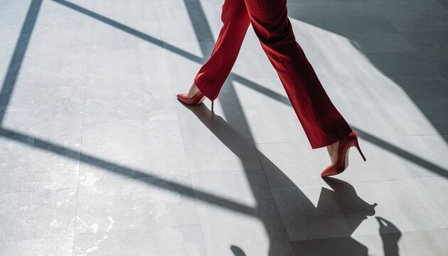 Stylish woman in red pants and high heels stepping on a sunlit floor with shadows.