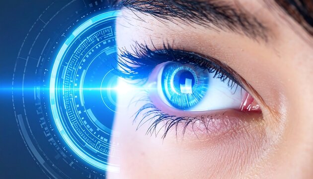 A close-up view of a woman's eye with digital technology overlaid. The eye glows with a futuristic, blue light