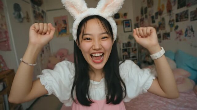Young kawaii funny asian woman wearing cute bunny ears and smiling, positive mood. Happy blogger girl with rabbit headband posing for Easter holiday record Home blog. Dance teen vlogger, fun vlog.