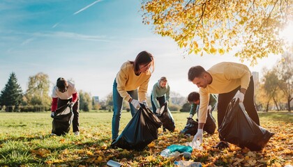 Diverse volunteers collecting litter in black bags during a sunny autumn park cleanup