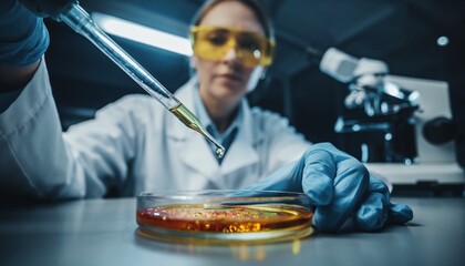 Scientist carefully drips liquid into a petri dish during a detailed lab experiment