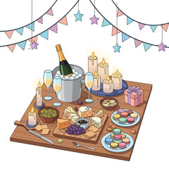 Festive celebration spread with champagne, cheese, macarons, and candles under festive bunting