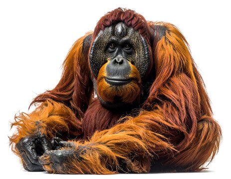 A close-up view of an orangutan, its distinctive orange fur prominent against a blank white backdrop. The primate is shown seated