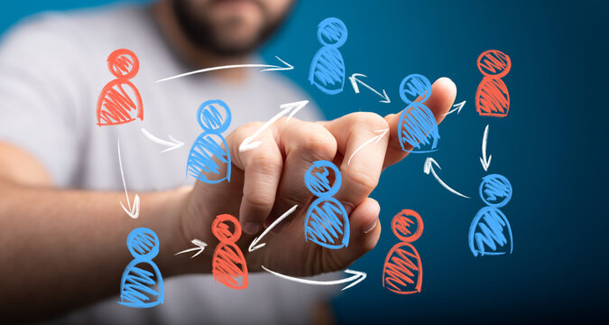 A hand interacts with a virtual network of stylized people, symbolizing global connections, social media, team building, and professional commun