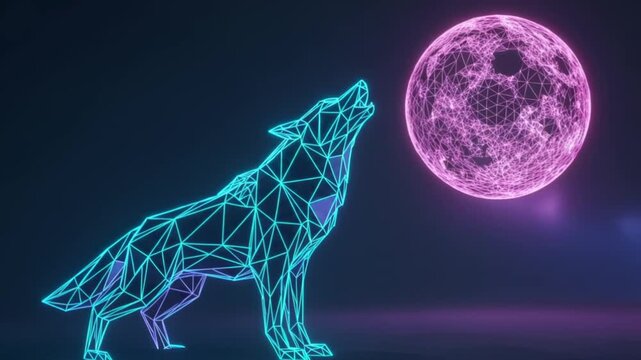 Abstract polygon wolf howling at the moon, glowing neon colors, stylish animation of wild nature