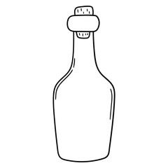 Hand-drawn doodle of an empty glass bottle with a cork on a white background.