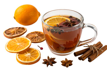 Hot spiced tea with orange slice cinnamon sticks star anise