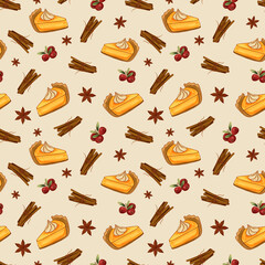 Seamless autumn pattern with pumpkin pie slices, cinnamon sticks, cranberries, and star anise. Warm, festive design perfect for Thanksgiving, textiles, wrapping paper, packaging, and kitchen decor.
